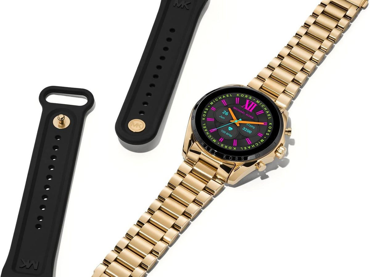 Michael Kors Gen 6 Bradshaw – 44mm Gold-Tone Stainless Steel with Black Silicone Second Band – MKT5138V