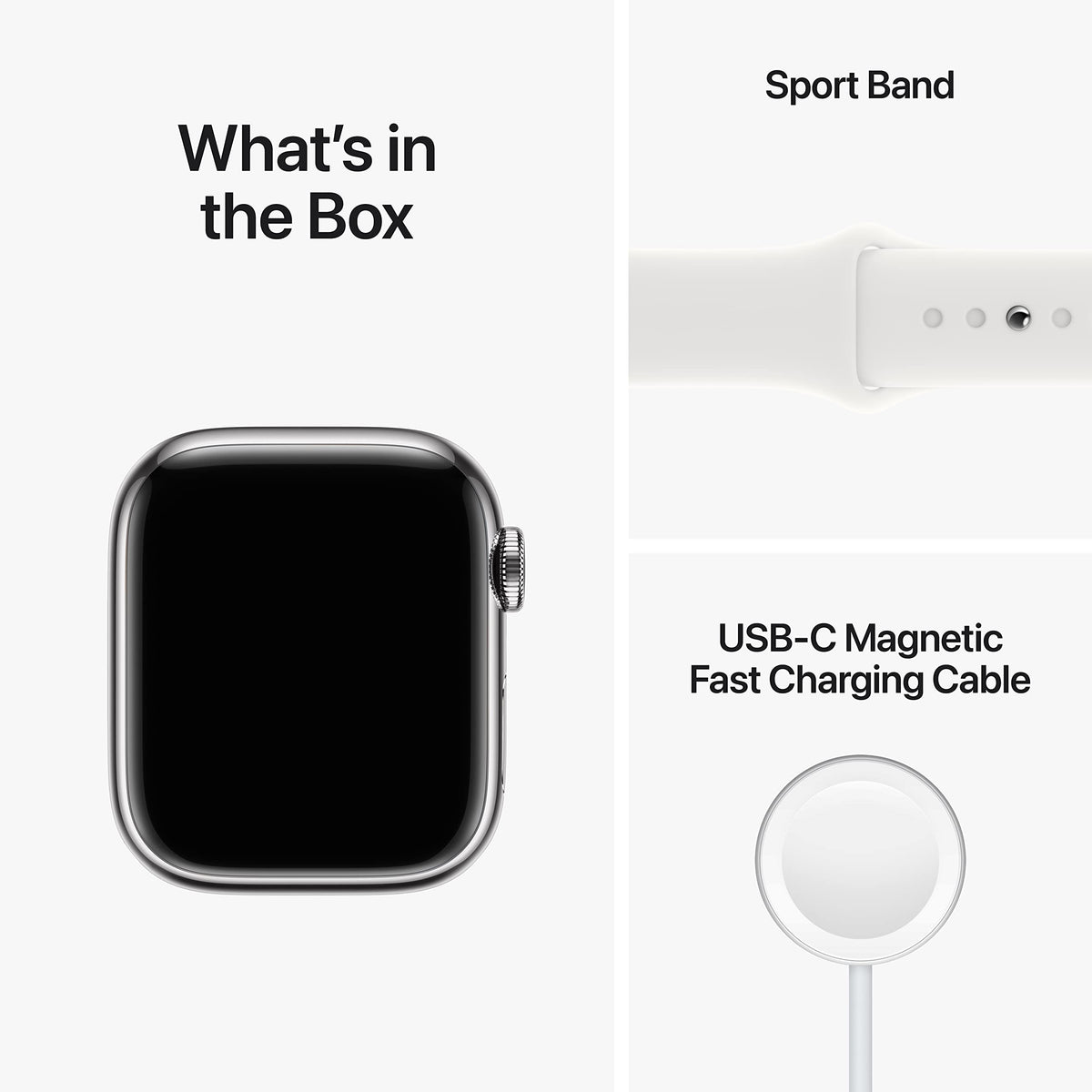 Apple Watch Series 8 (GPS + Cellular, 41mm) - Silver Stainless Steel Case with White Sport Band M/L MNV73LL/A