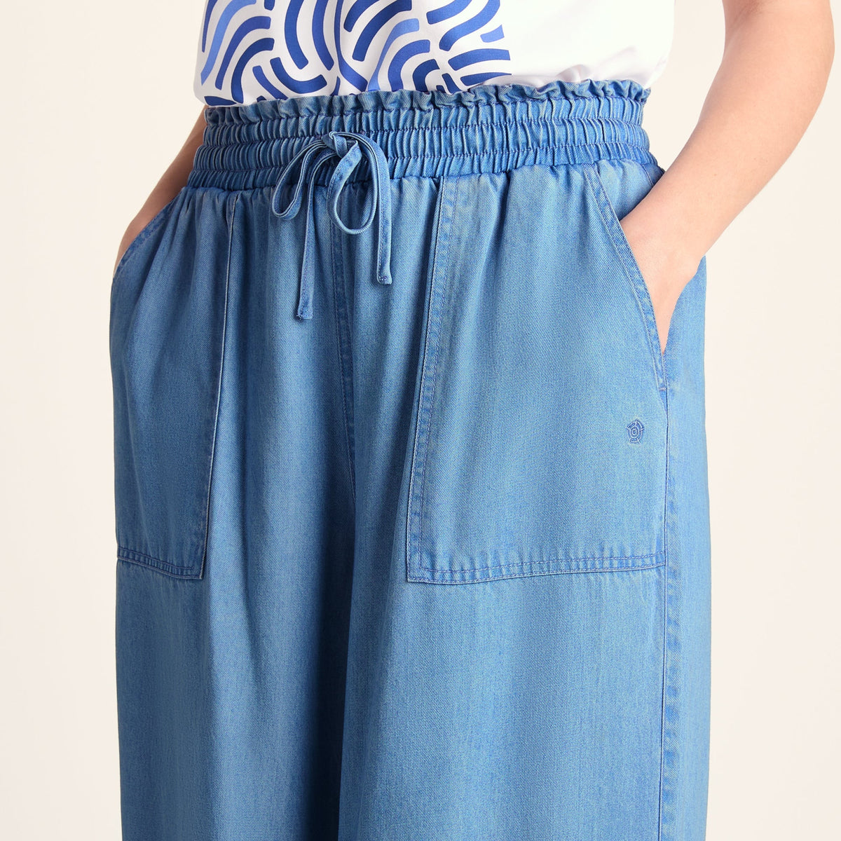 Lucy Womens Wide Leg Denim Look Trousers - Faded Indigo
