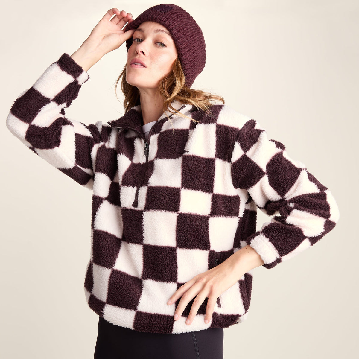 Sara Womens Relaxed Fit Sherpa Fleece Zip Neck - Huckleberry Checkerboard