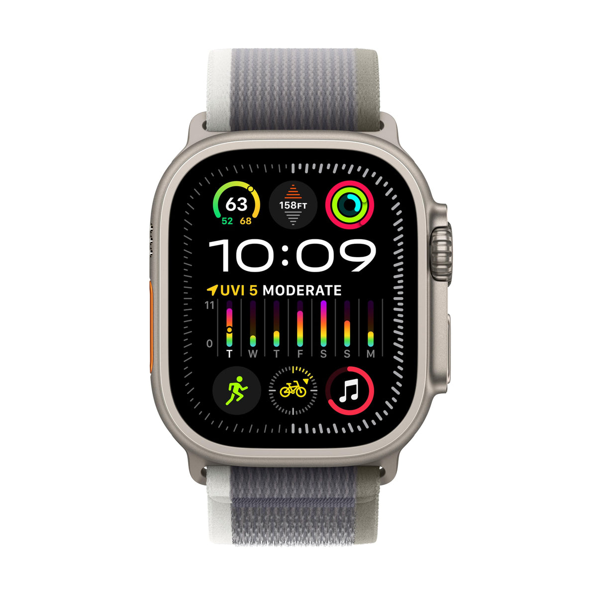Apple Watch Ultra 2 (GPS + Cellular) 49mm Titanium Case with Green/Gray Trail Loop S/M - MRF33LL/A