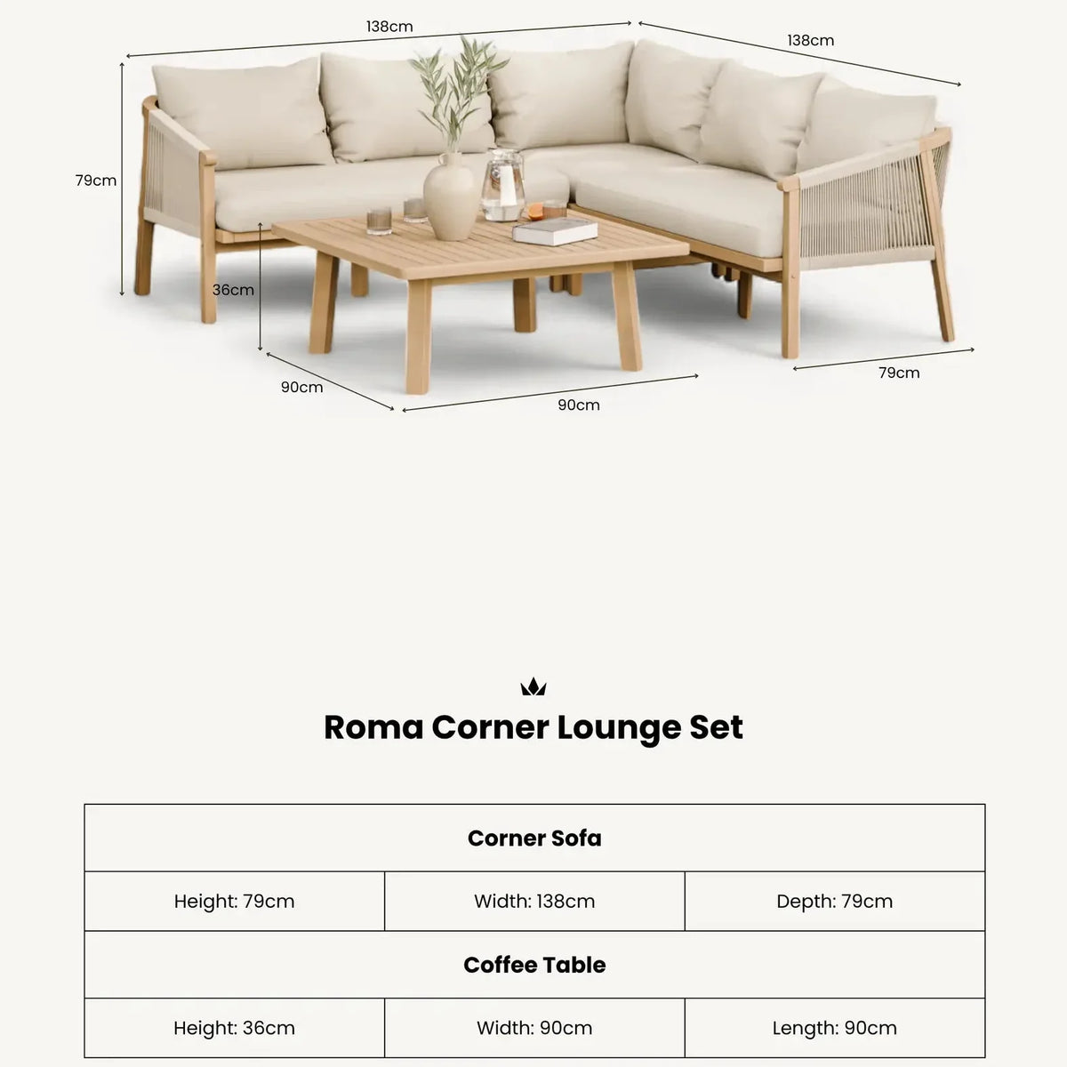 Roma 5 Seater Corner Lounge Set with 90cm Square Coffee Table