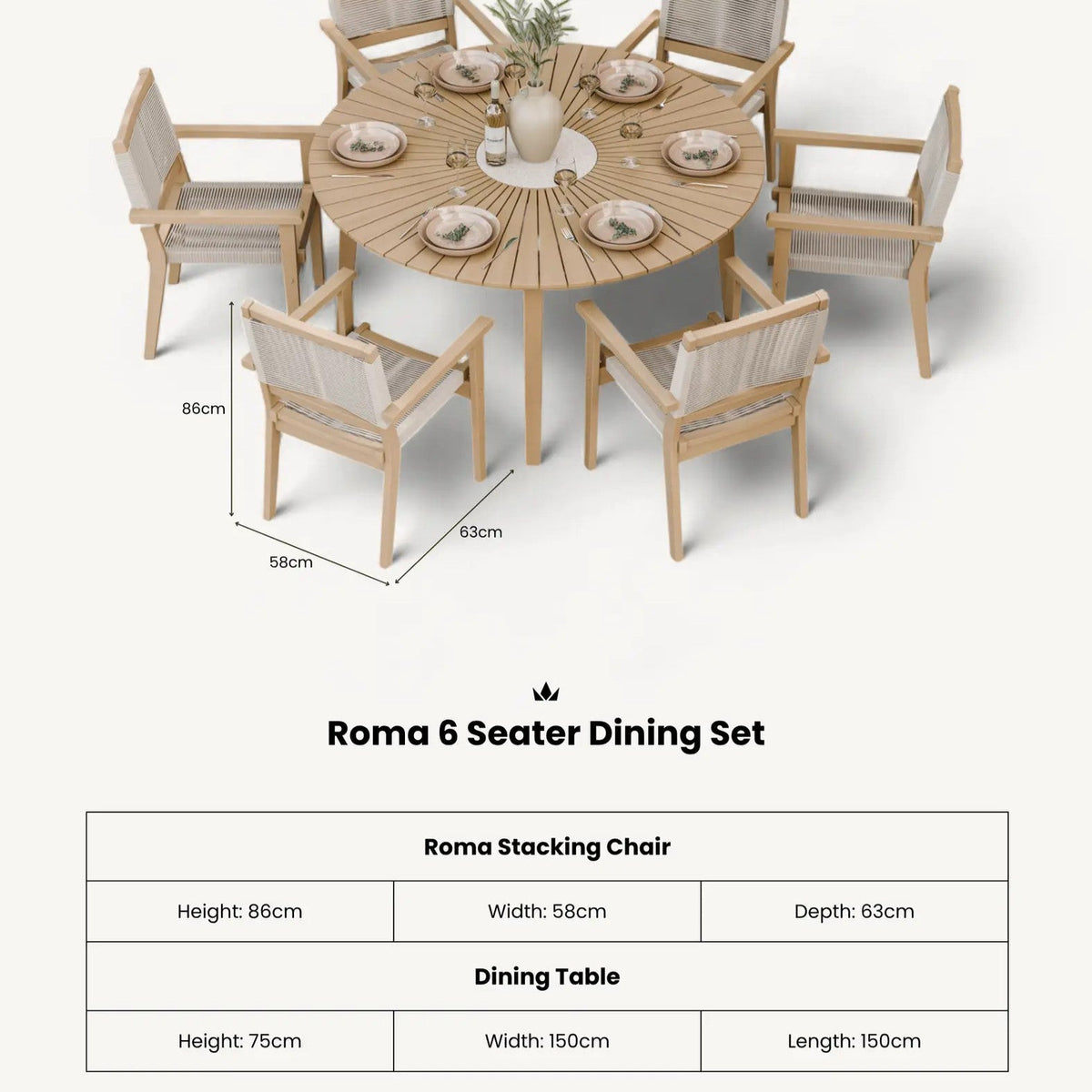 Roma 6 Seater Round Sunray with Terrazzo Insert Dining Set with 6 Roma Rope Stacking Chairs