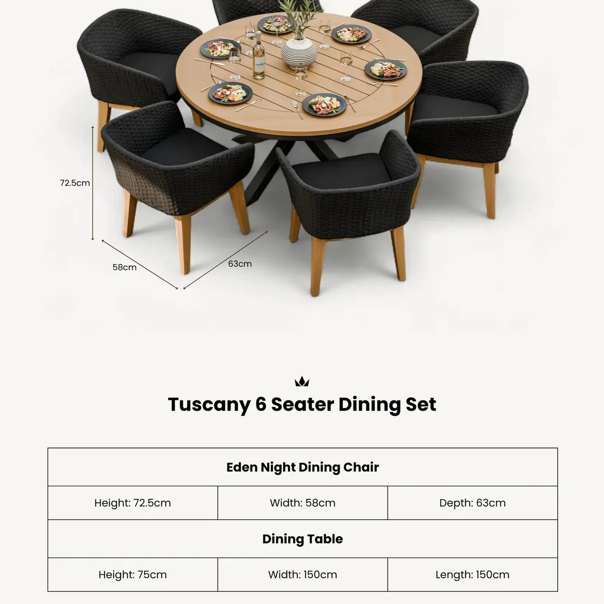 Tuscany 6 Seater Round Dining Set with Eden Night Dining Chairs