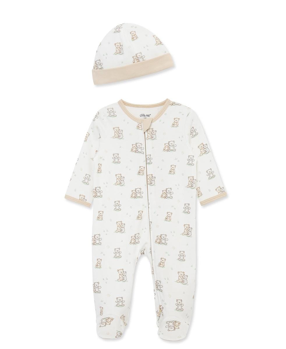 Little Me Fuzzy Bears 2-Way-Zip Footed One-Piece and Hat - White
