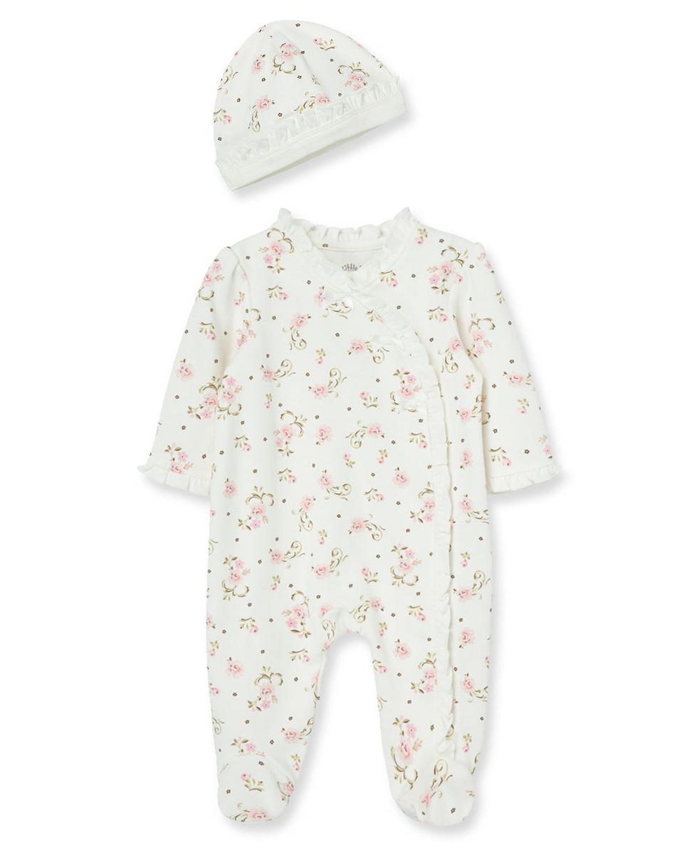 Little Me Vintage Rose Footed One-Piece And Hat - Ivory Print, NB
