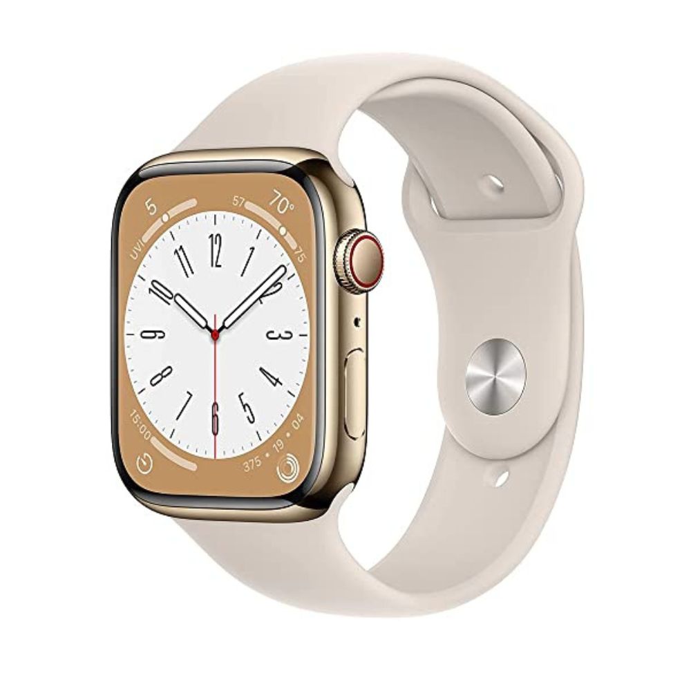 Apple Watch Series 8 (GPS + Cellular) 45mm Gold Stainless Steel Case with Starlight Sportband - S/M - MNVX3LL/A