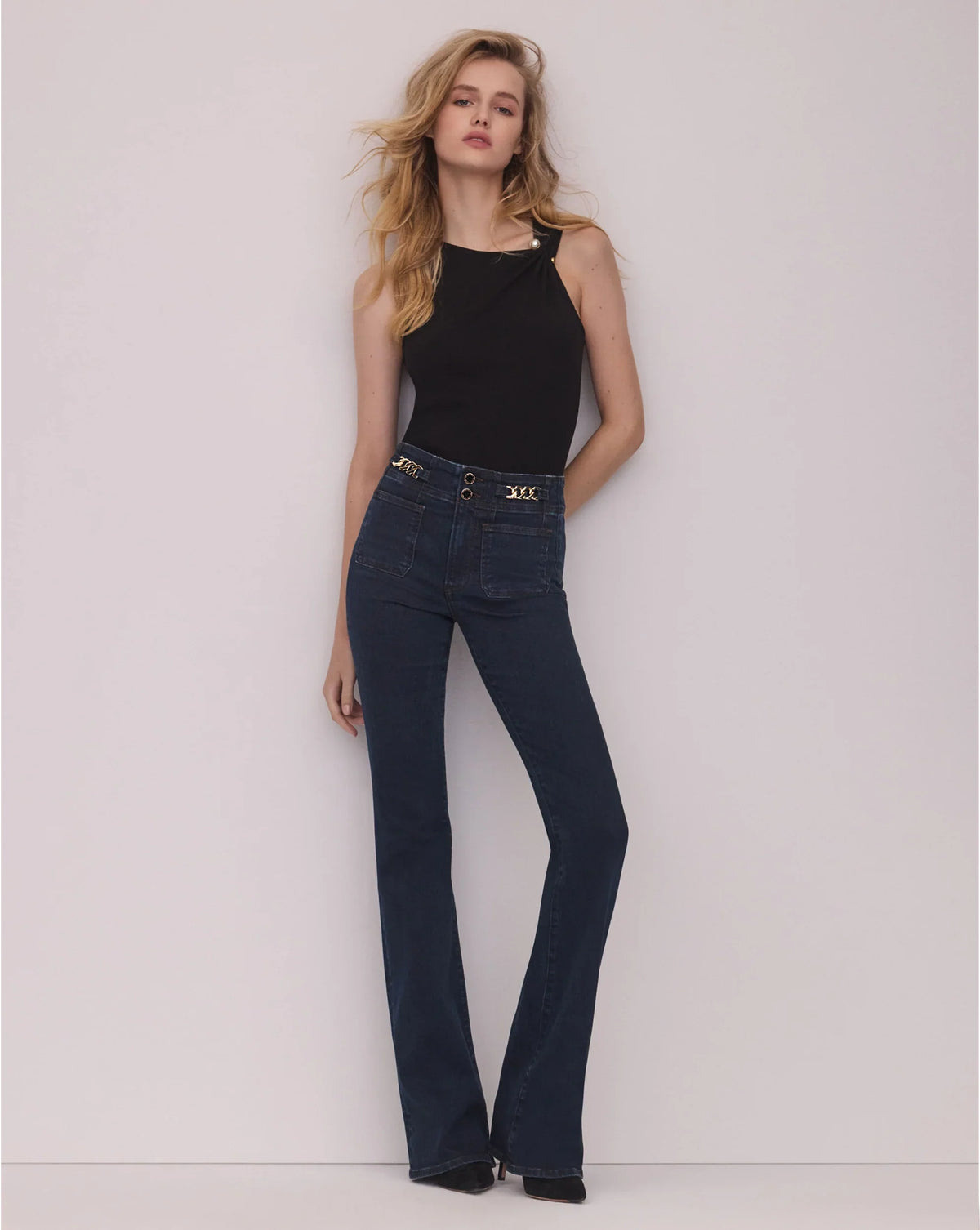 Beverly Skinny-Flare Chain-Detail Jean