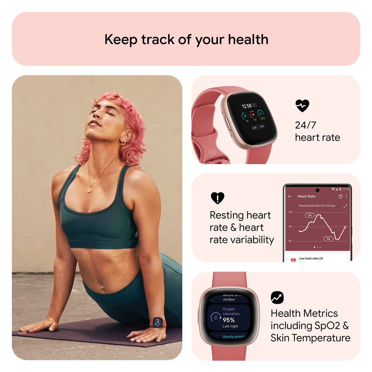 Fitbit Versa 4 Fitness Smartwatch – Copper Rose Aluminum Case with Pink Sand Band – FB523RGRW-US