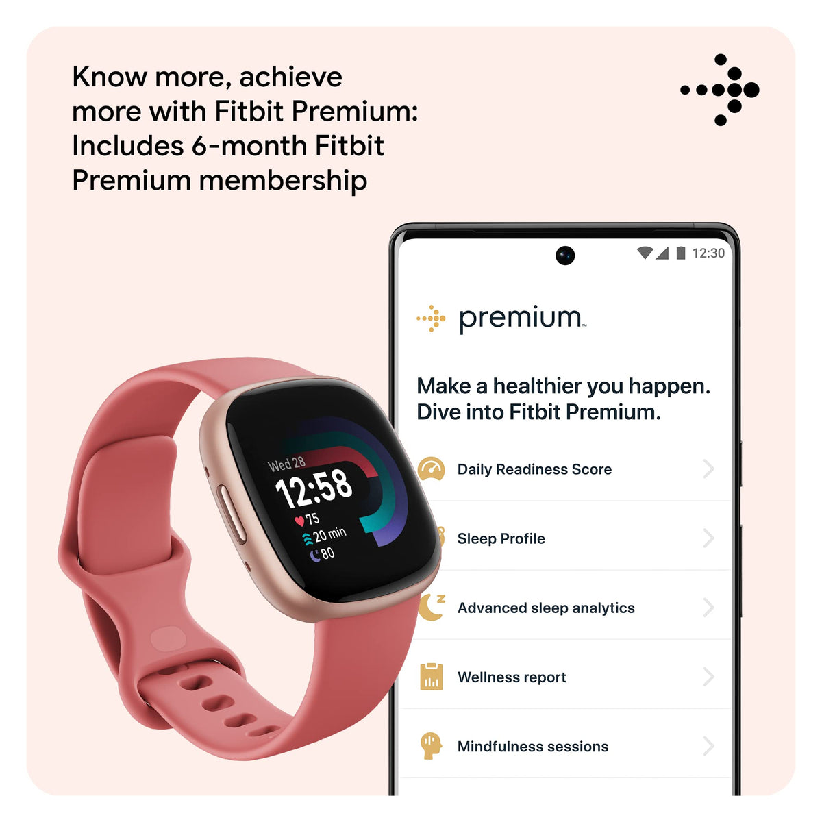 Fitbit Versa 4 Fitness Smartwatch – Copper Rose Aluminum Case with Pink Sand Band – FB523RGRW-US