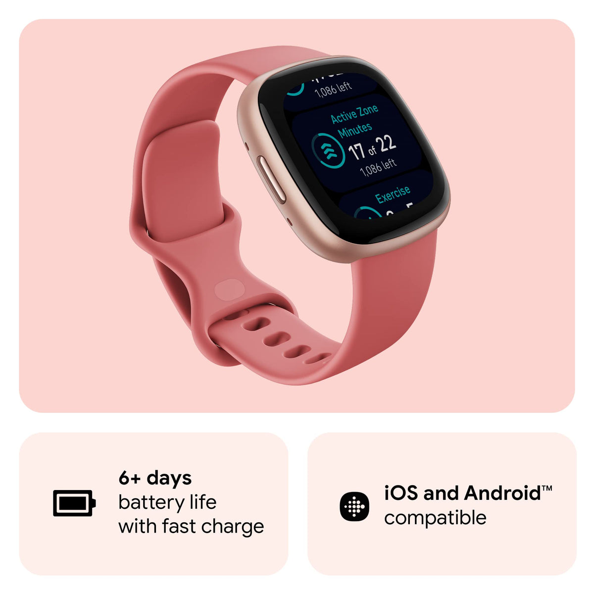 Fitbit Versa 4 Fitness Smartwatch – Copper Rose Aluminum Case with Pink Sand Band – FB523RGRW-US