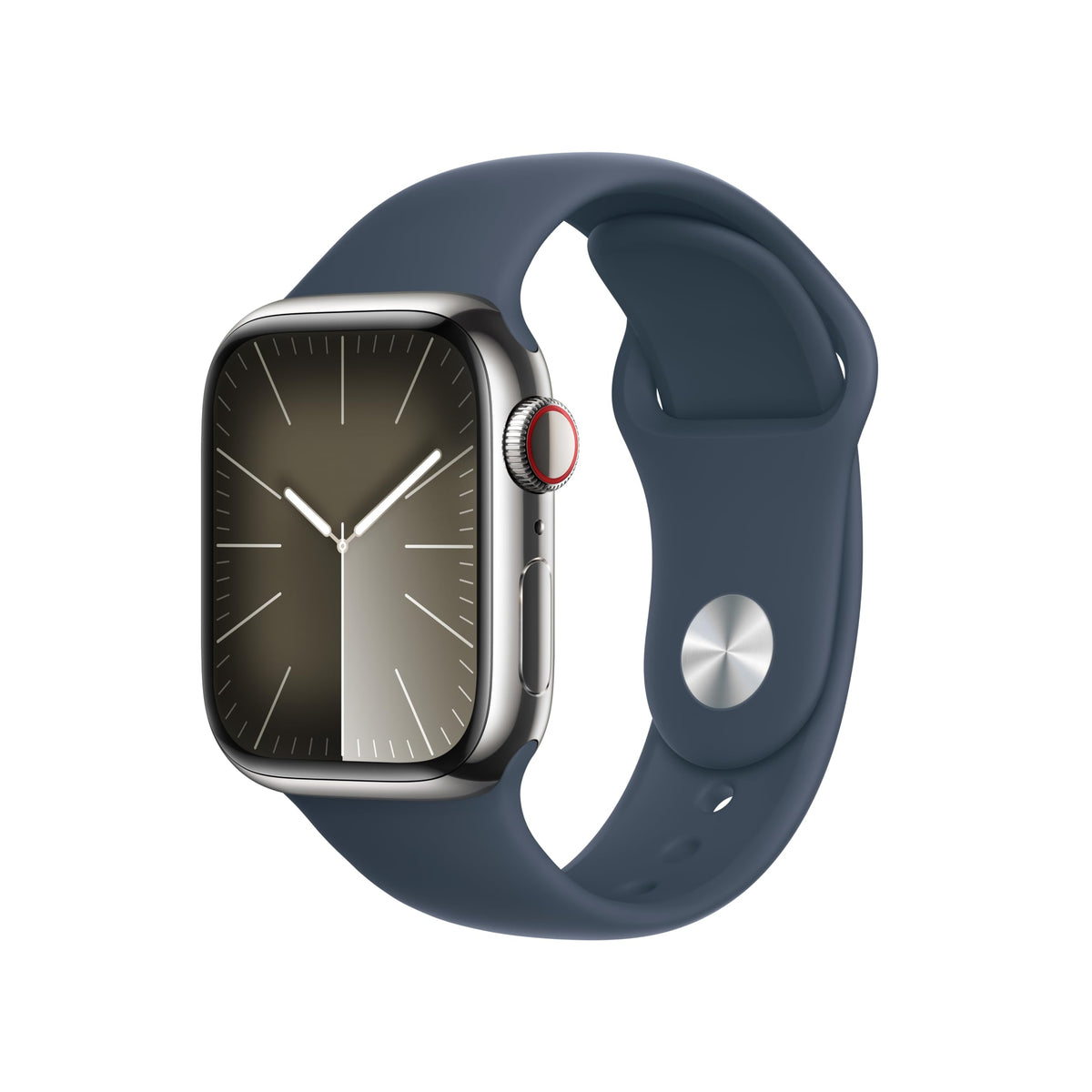 Apple Watch Series 9 (GPS + Cellular) 41mm Silver Stainless Steel Case w/ Storm Blue Sport Band - S/M - MRJ23LL/A