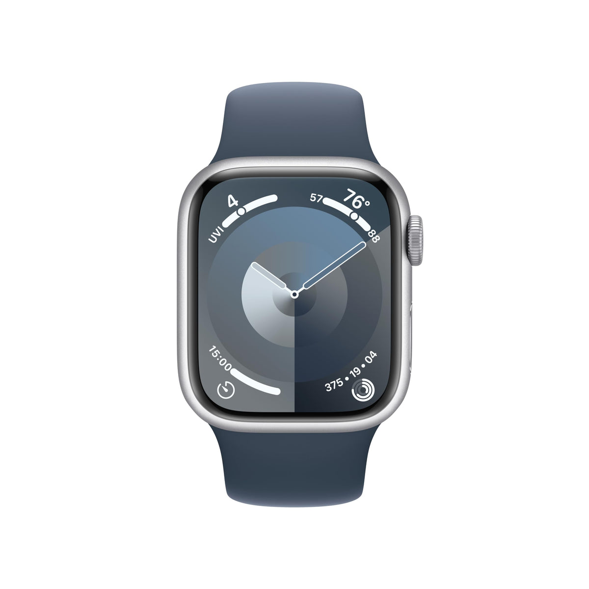 Apple Watch Series 9 (GPS) 41mm Silver Aluminum Case w/ Storm Blue Sport Band – M/L – MR913LW/A