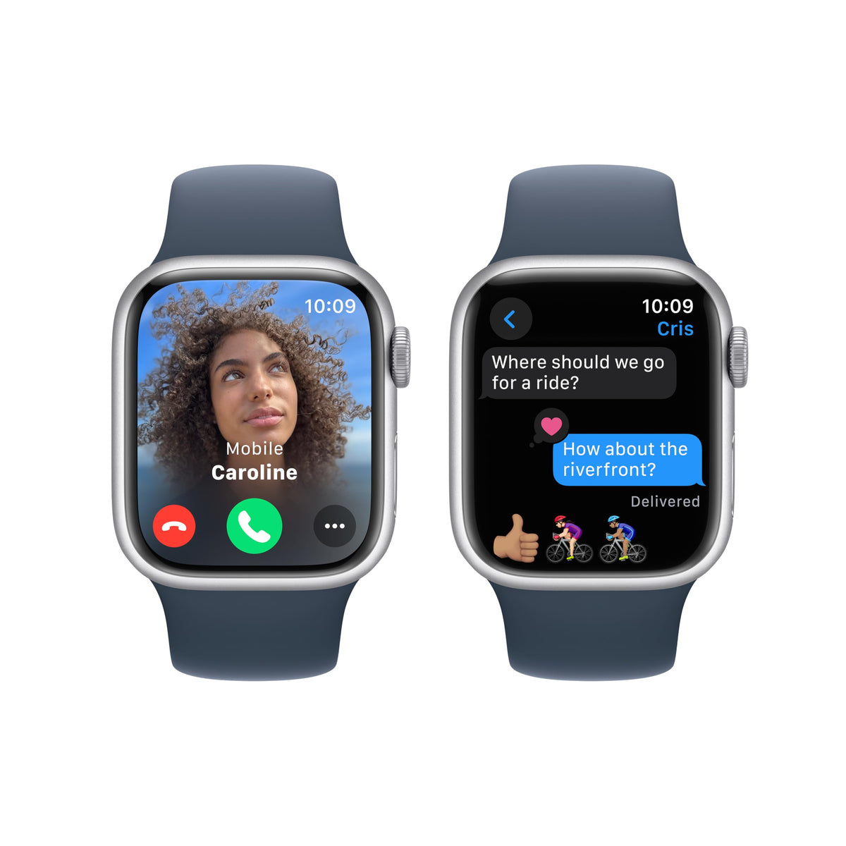 Apple Watch Series 9 (GPS) 41mm Silver Aluminum Case w/ Storm Blue Sport Band – M/L – MR913LW/A