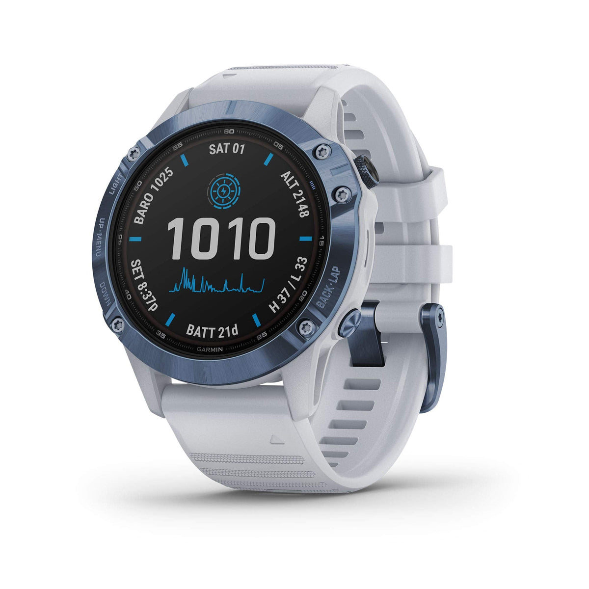 Garmin Fenix 6 Pro Solar – 47mm Titanium – Mineral Blue Case with Whitestone Band – 010-02410-18