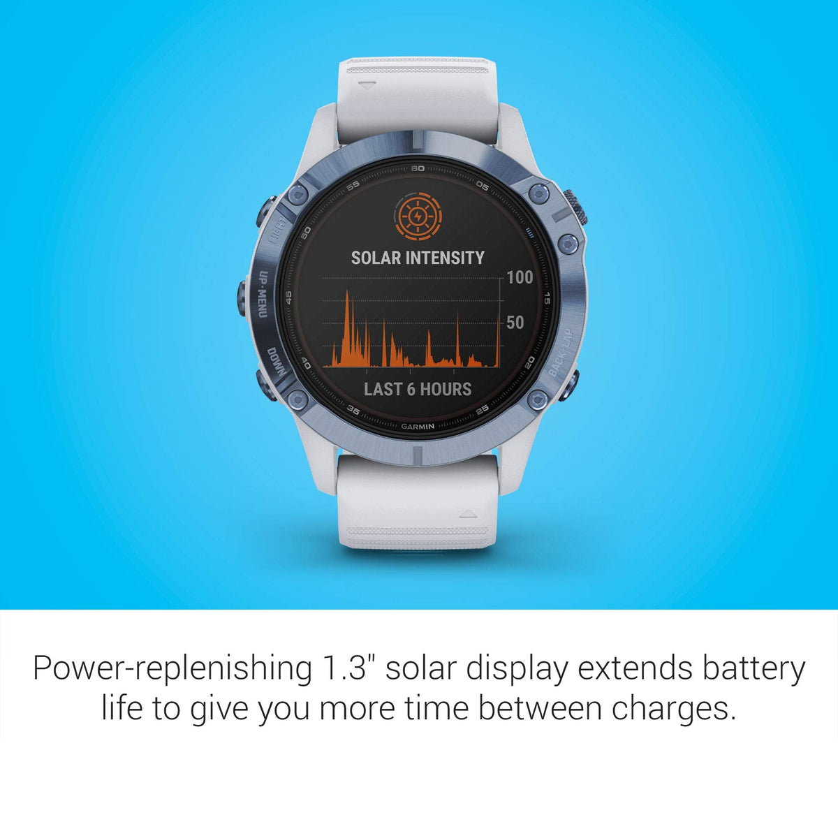 Garmin Fenix 6 Pro Solar – 47mm Titanium – Mineral Blue Case with Whitestone Band – 010-02410-18