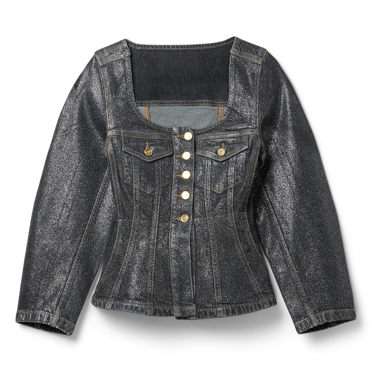 GANNI Shimmery Foil Denim Fitted Blazer (Washed Black/Black)