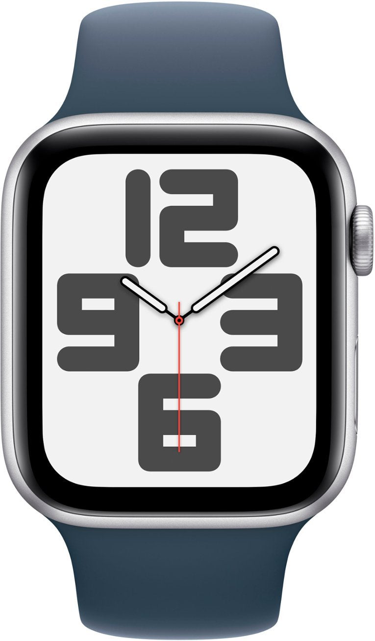 Apple Watch SE 2nd Generation (GPS + Cellular) 44mm Silver Aluminum Case with Storm Blue Sport Band S/M - MRHE3LL/A
