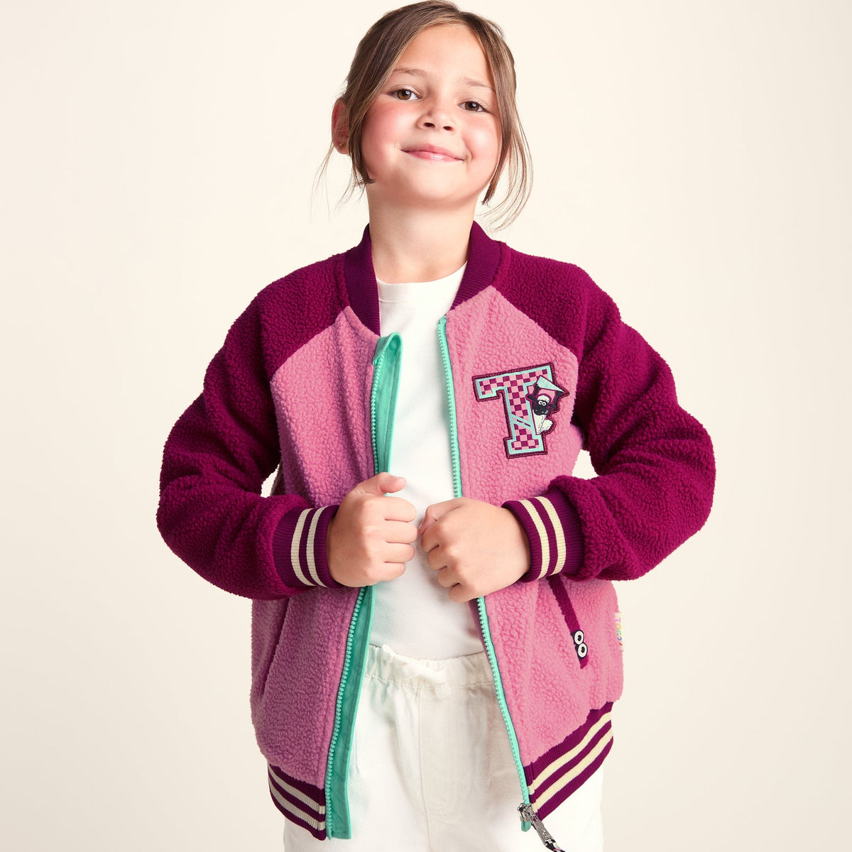 Aberfield Shaun the Sheep Kids Sherpa Varsity Bomber Jacket - Candy Floss/Beetroot Red