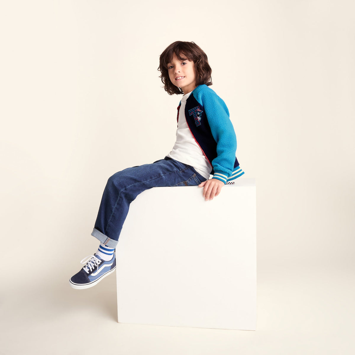 Aberfield Shaun the Sheep Kids Sherpa Varsity Bomber Jacket - Night Blue/Bondi Blue