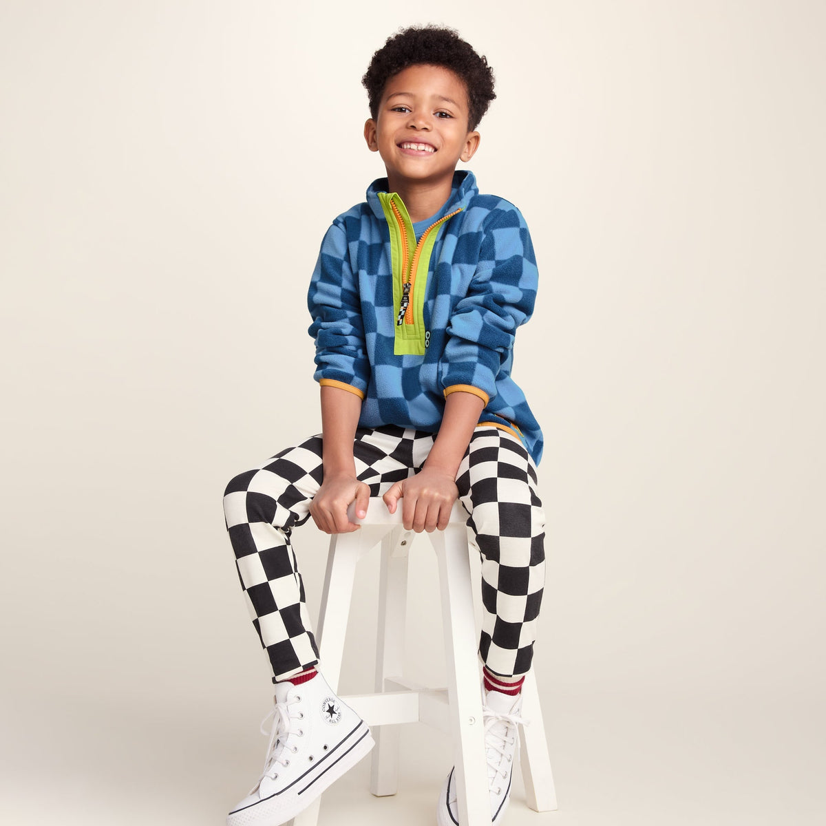 Brecknock Kids Shaun the Sheep Fleece Zip Neck - Bluebell/Night Blue Checkerboard