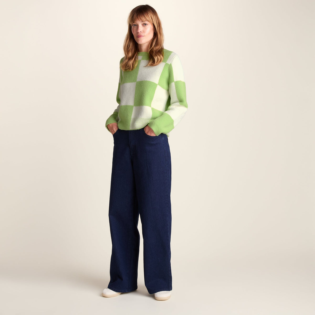 Celeste Womens Checkerboard Chunky Knit Jumper - Lemon Lime