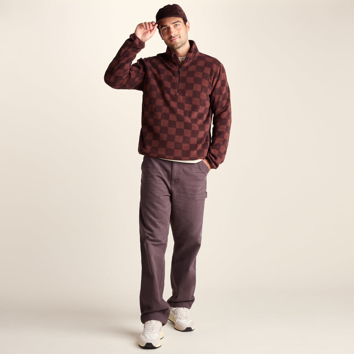 Charlton Mens Printed Midweight Microfleece Half Zip - Brown Checkerboard