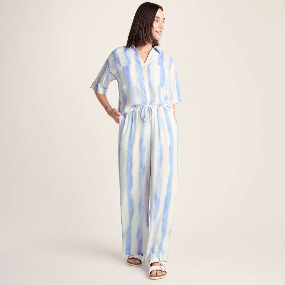 Christina Womens Wide Leg Lightweight Trousers - Blue Hues Print