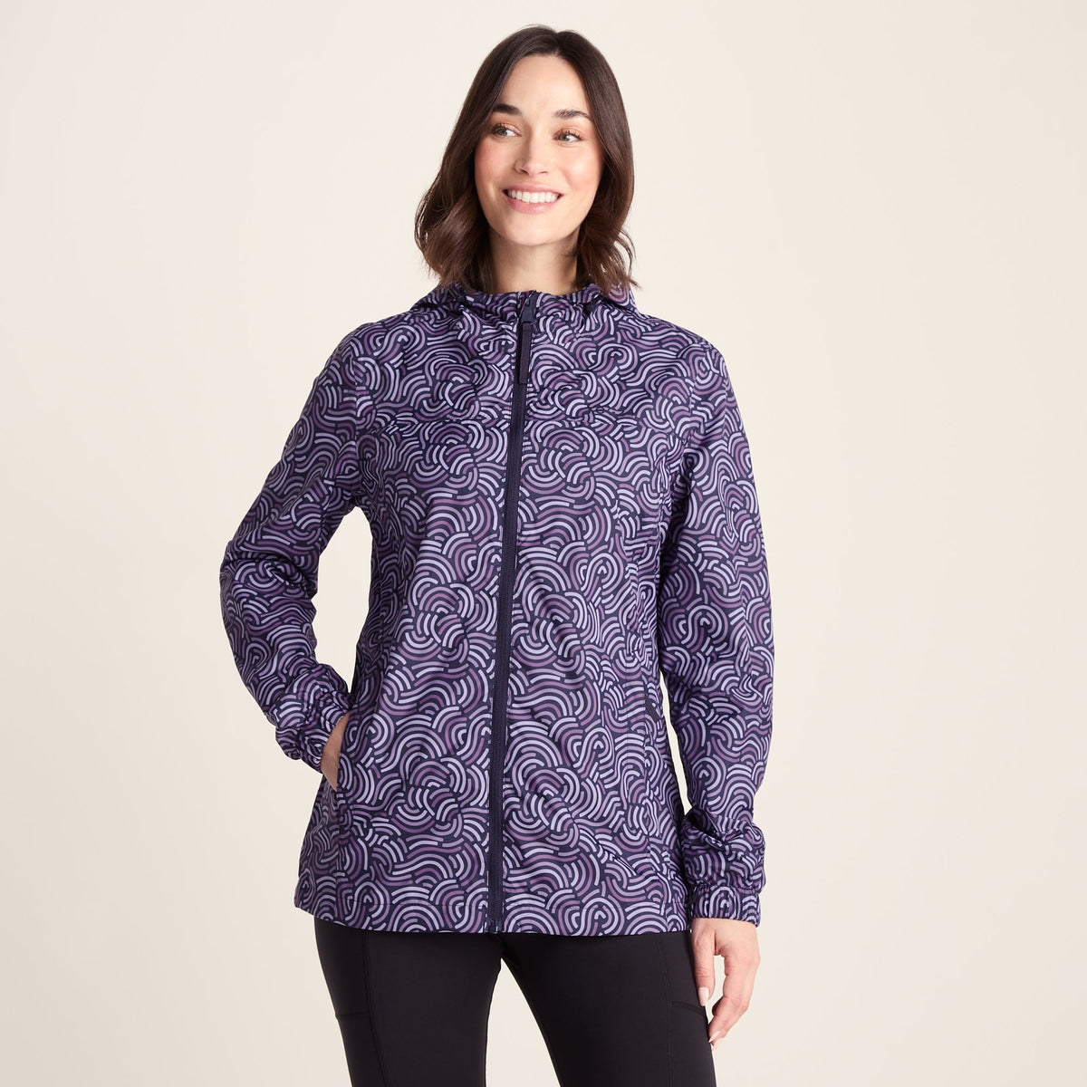 Craven Womens Waterproof Packaway Jacket - Dk Indigo/Lilac Blossom Wave Print