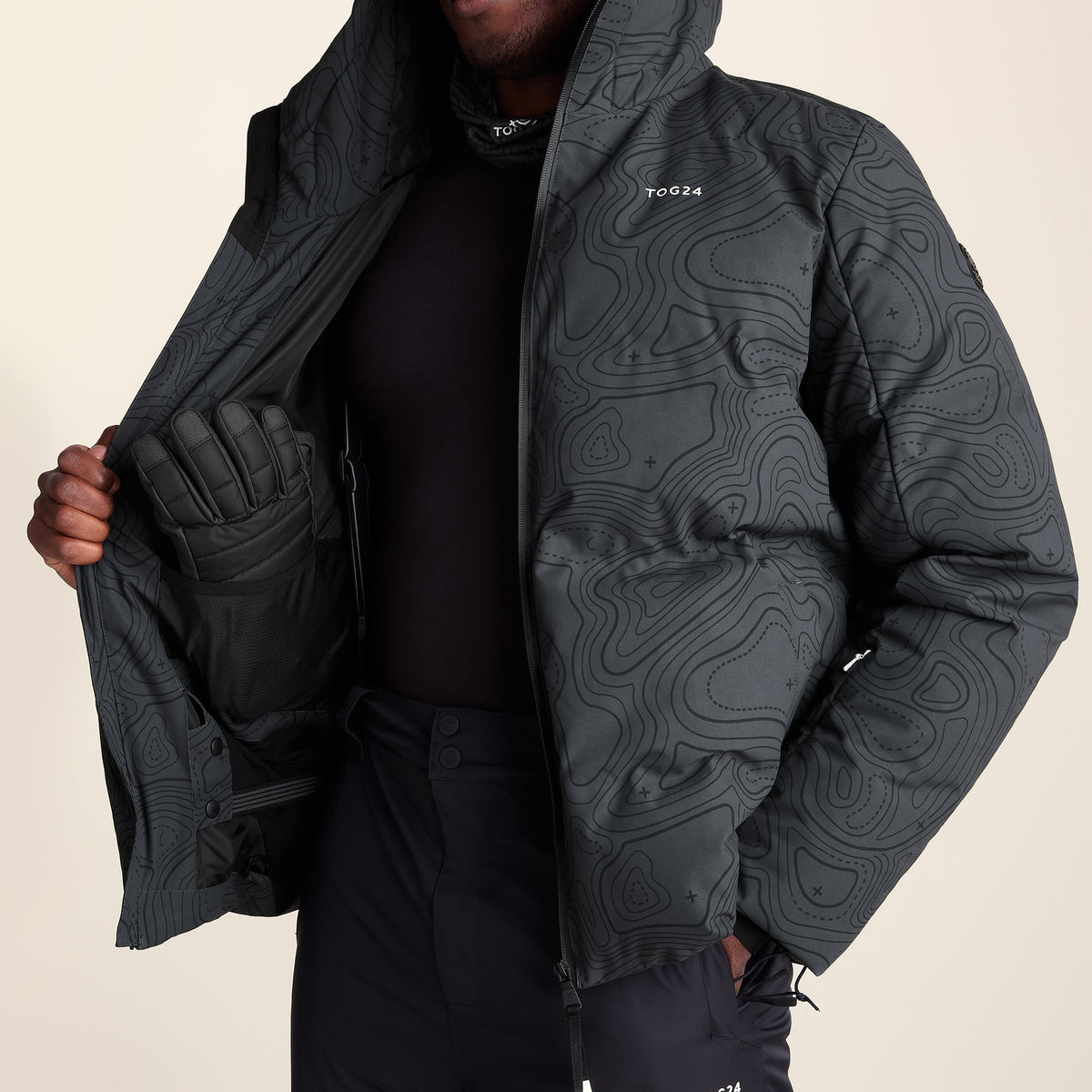 Davos Mens Shower Resistant Insulated Ski Jacket - Black Terrain Print