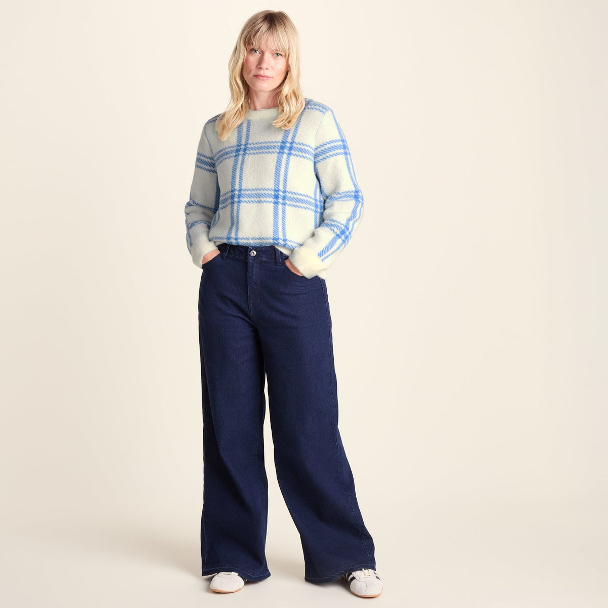 Delilah Womens Checked Chunky Knit Jumper - Vanilla & Cobalt Check