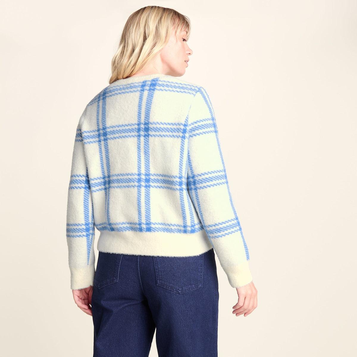 Delilah Womens Checked Chunky Knit Jumper - Vanilla & Cobalt Check