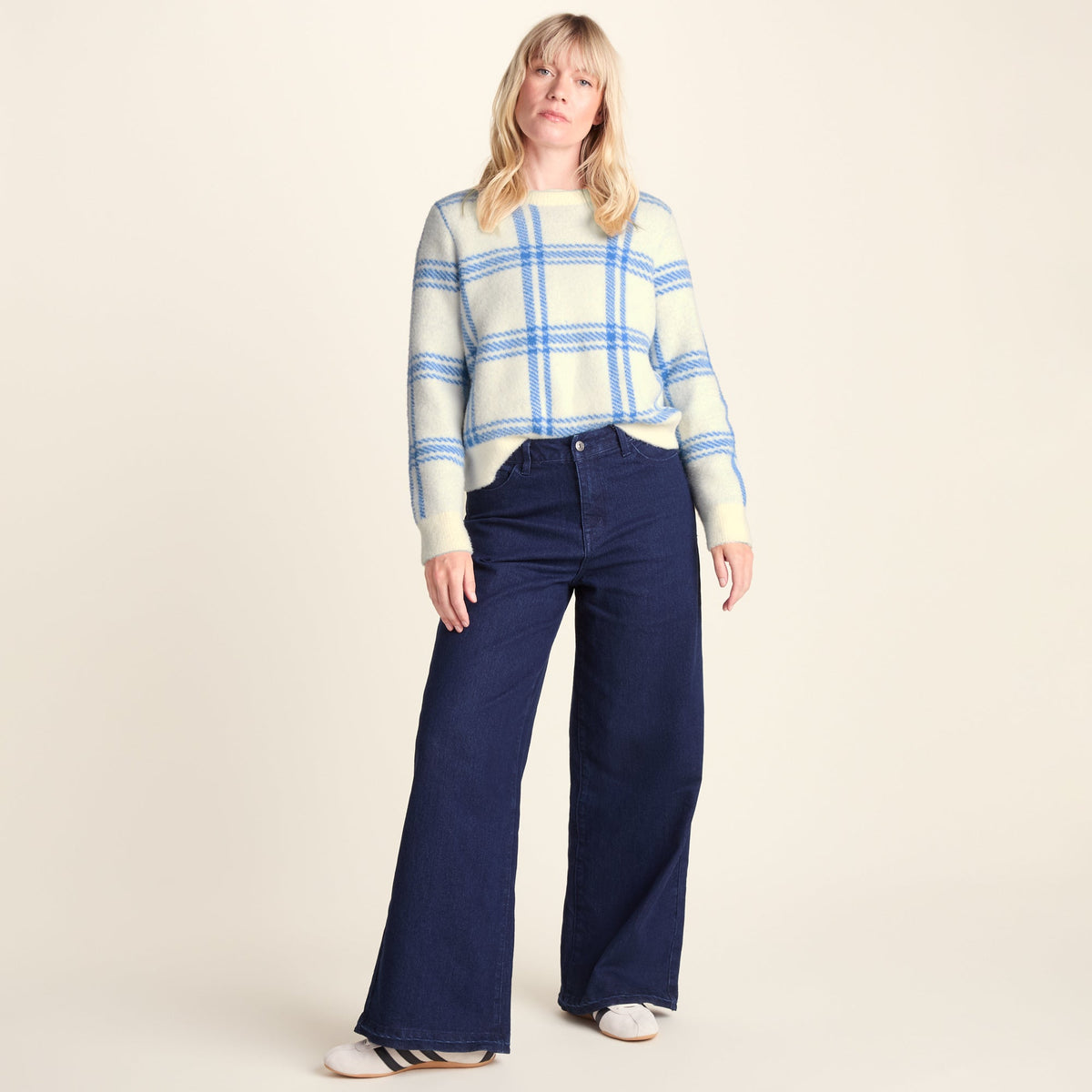 Delilah Womens Checked Chunky Knit Jumper - Vanilla & Cobalt Check