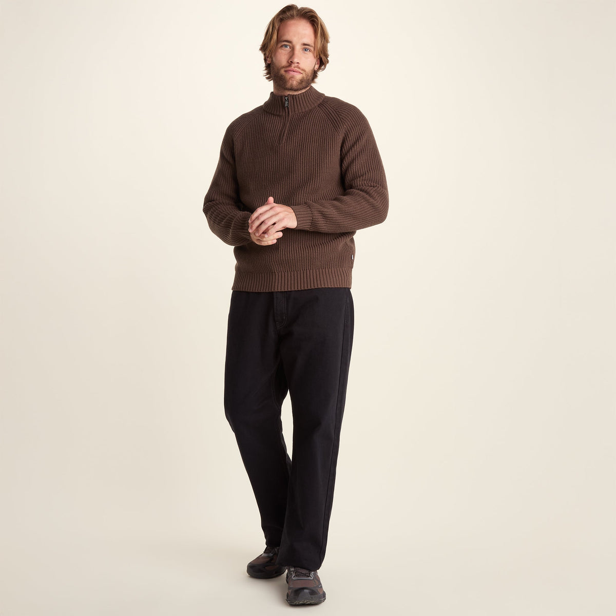 Glen Mens Chunky Knitted Zip Neck Jumper - Chestnut Brown