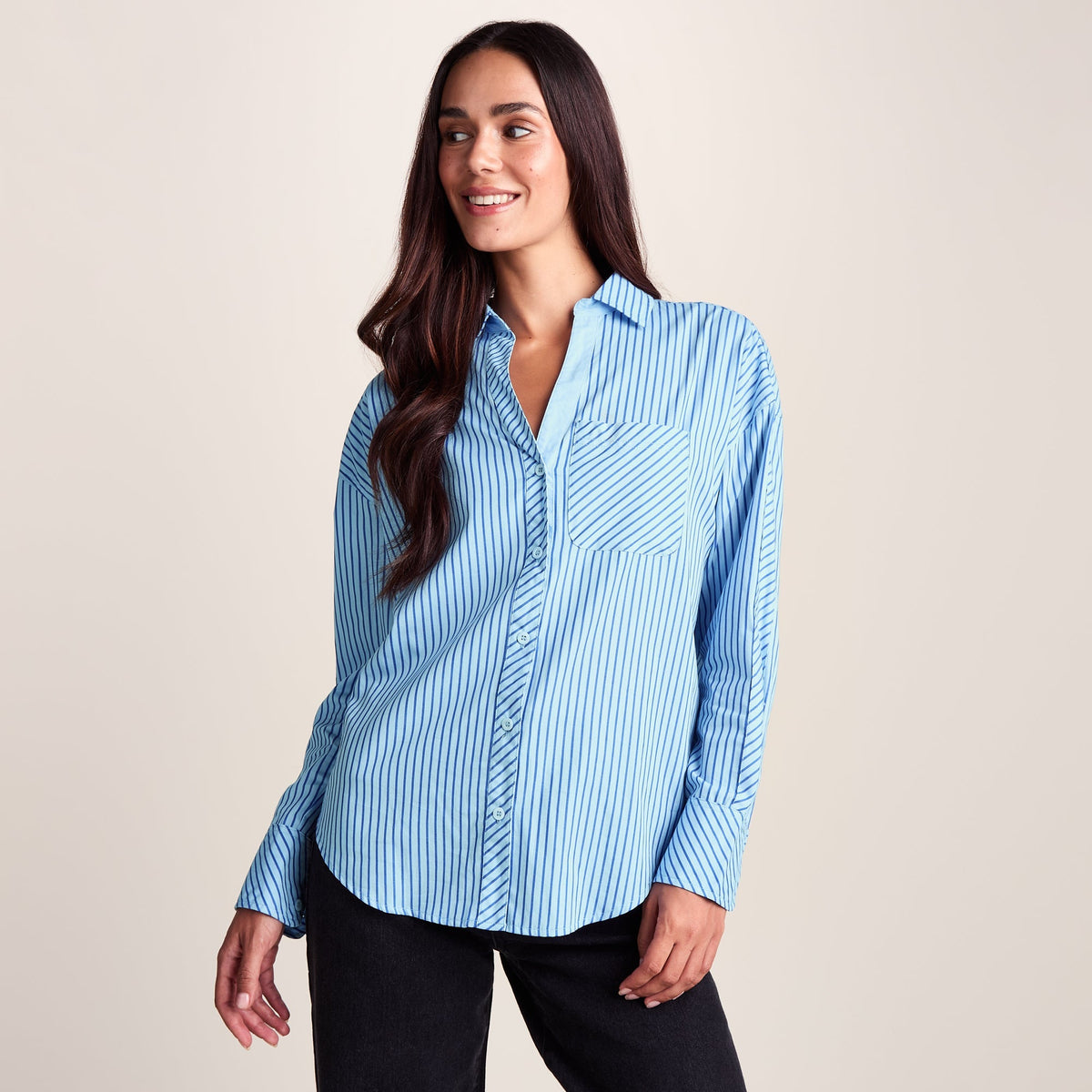 Helena Womens Oversized 100% Cotton Long Sleeve Shirt - Cobalt Blue Stripe
