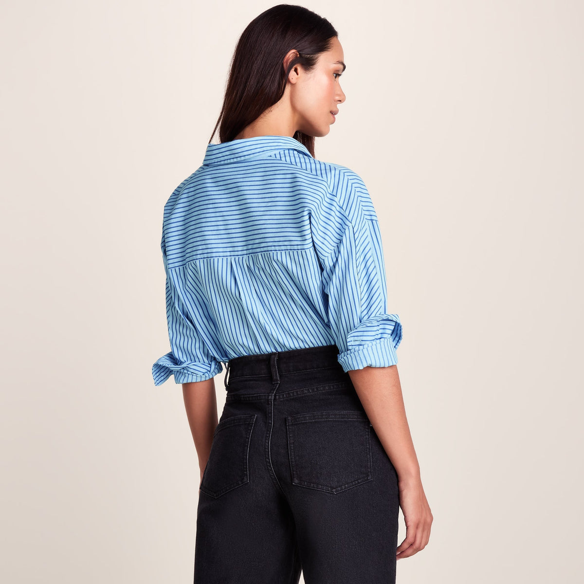 Helena Womens Oversized 100% Cotton Long Sleeve Shirt - Cobalt Blue Stripe