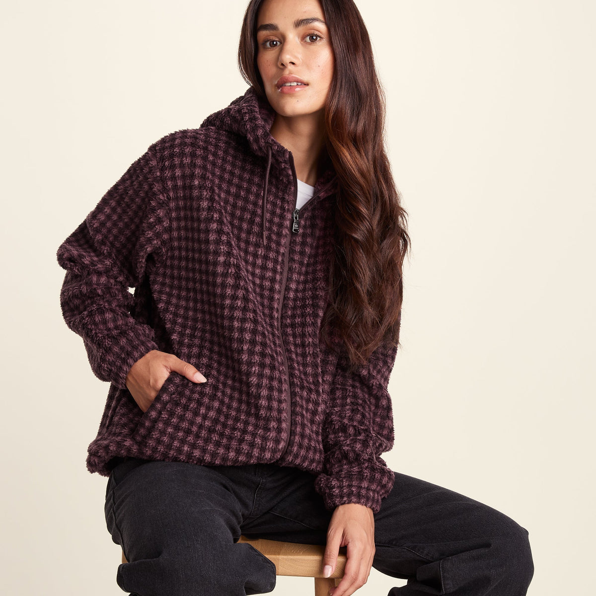 Joanna Womens Relaxed Fit Sherpa Fleece - Huckleberry Gingham