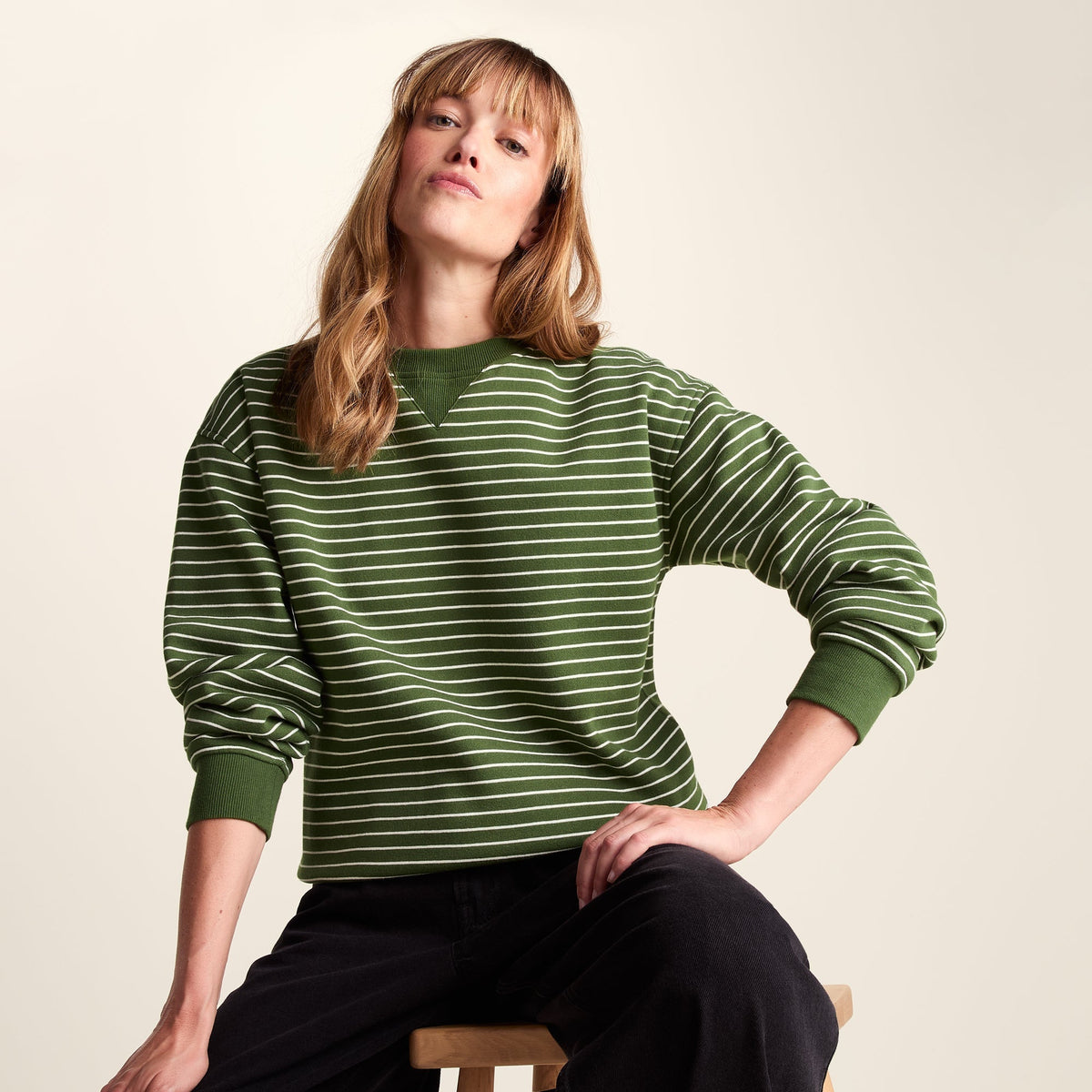Joyce Womens Supersoft Crew Neck Striped Sweatshirt - Olive Green Stripe