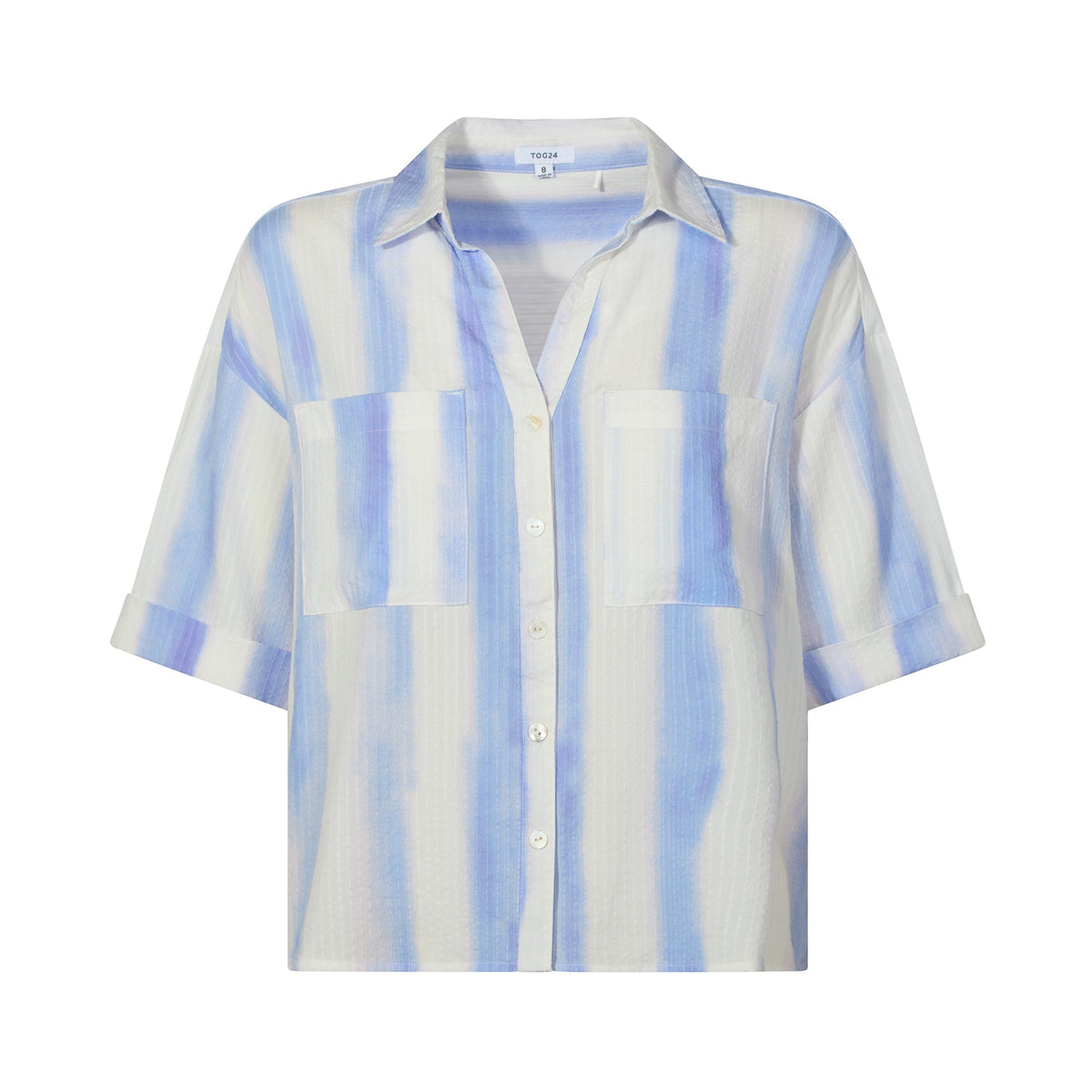 Julie Womens Short Sleeve Seersucker Blouse - Blue Hues Print