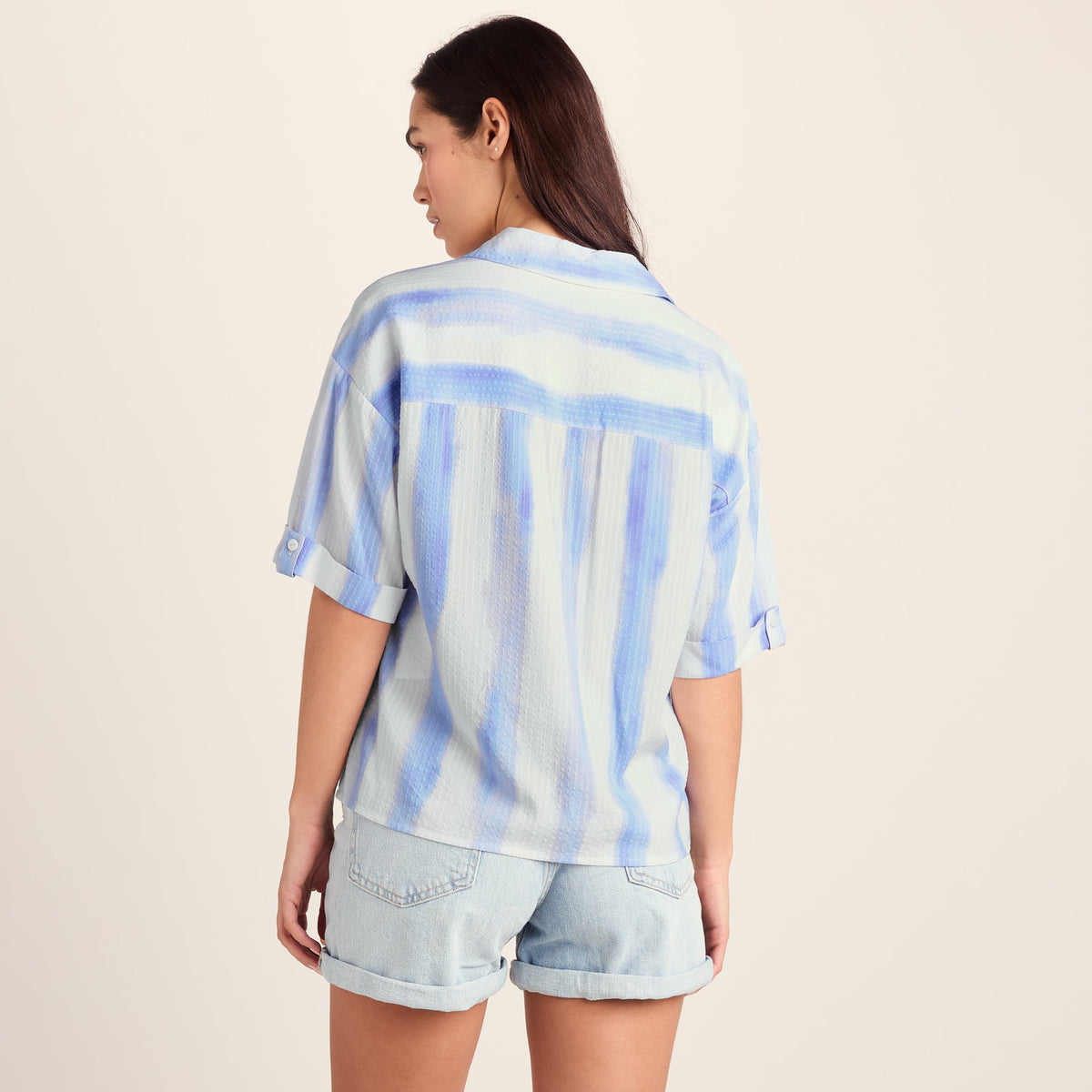 Julie Womens Short Sleeve Seersucker Blouse - Blue Hues Print