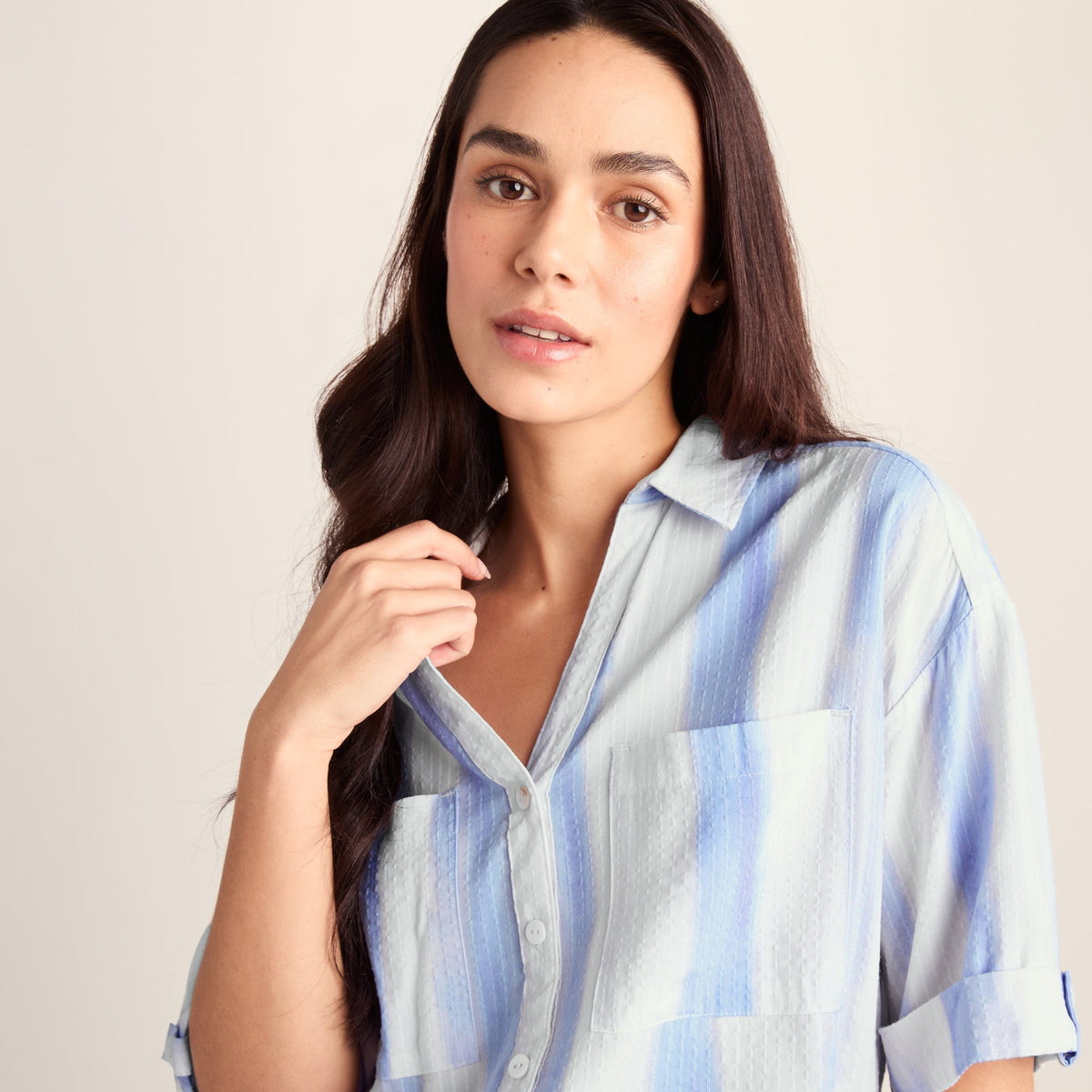 Julie Womens Short Sleeve Seersucker Blouse - Blue Hues Print