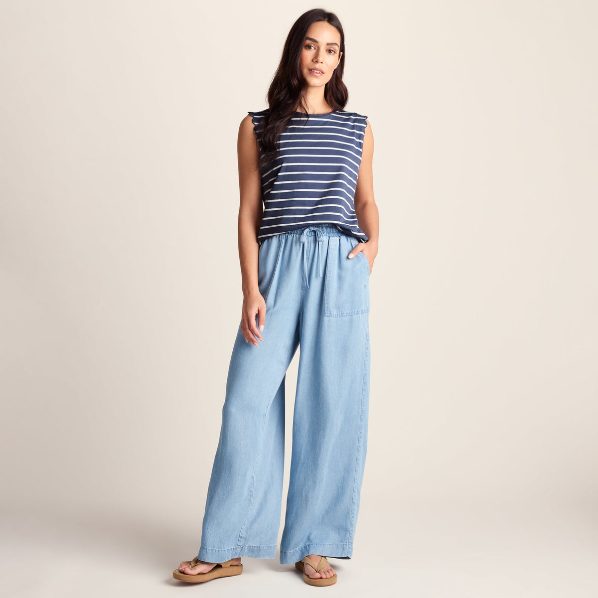 Katie Womens 100% Cotton Supersoft Vest - Smokey Blue/Optic White Stripe