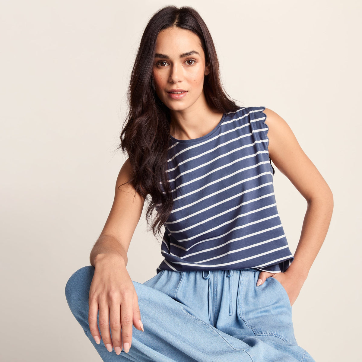 Katie Womens 100% Cotton Supersoft Vest - Smokey Blue/Optic White Stripe