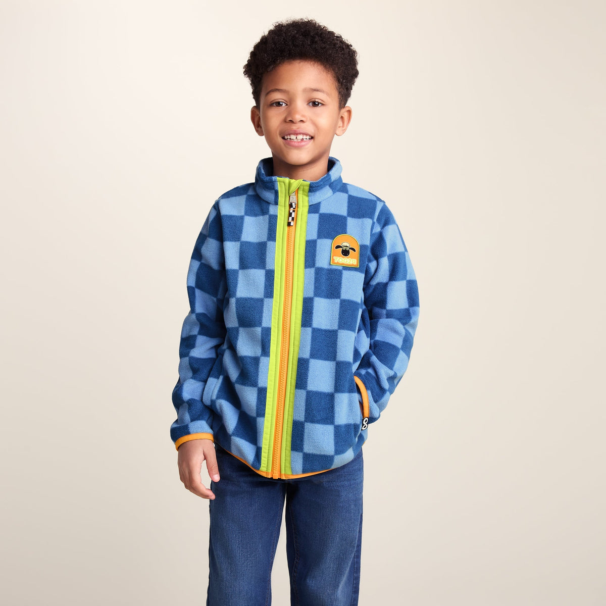 Lacaune Kids Shaun the Sheep Fleece Zip Jacket - Bluebell/Night Blue Checkerboard