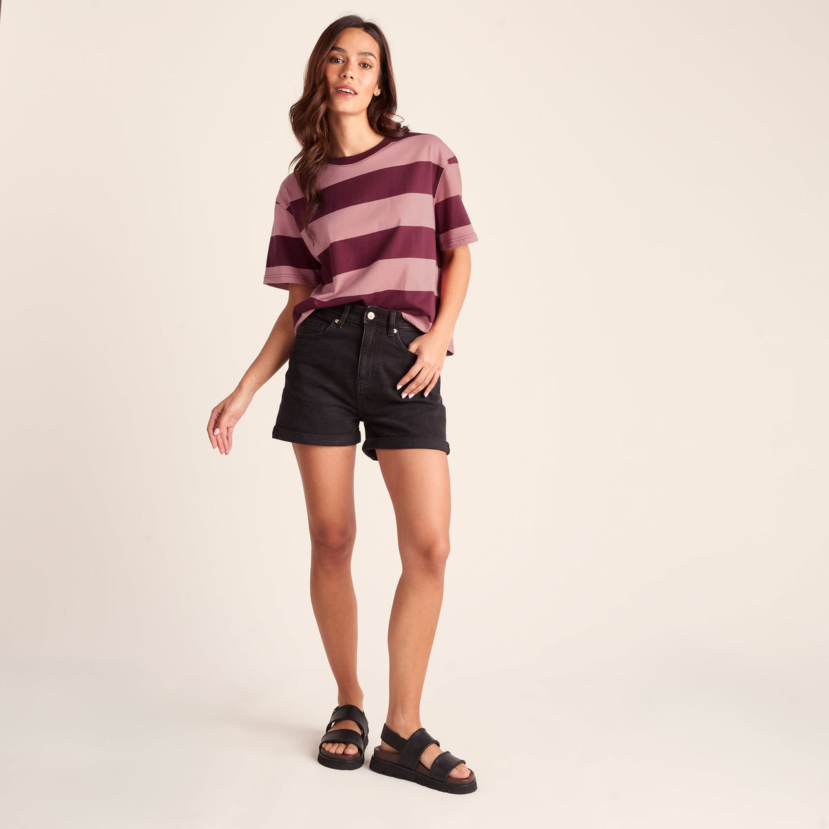 Lani Womens 100% Cotton Supersoft Boxy Fit T-Shirt - Black Raspberry Stripe