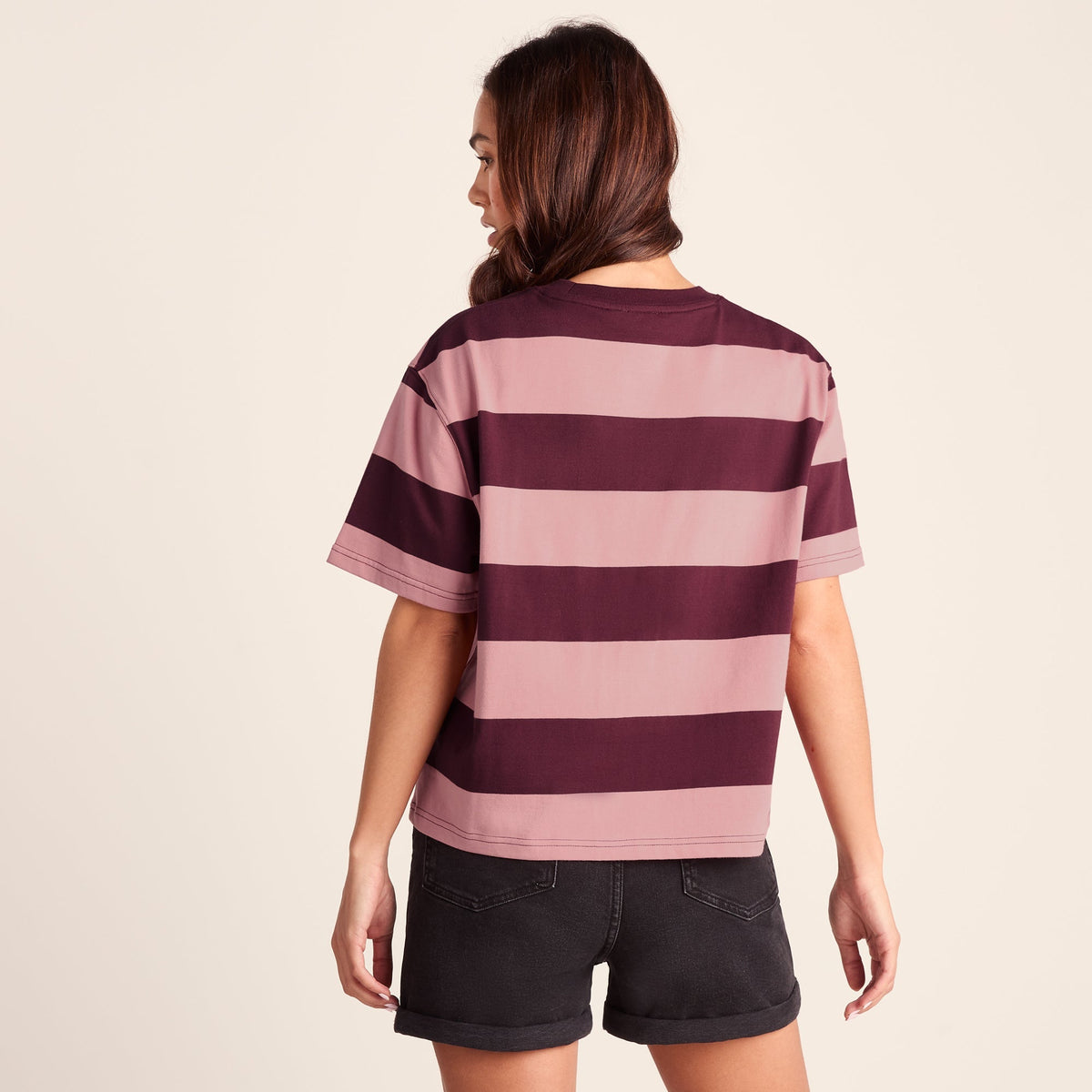 Lani Womens 100% Cotton Supersoft Boxy Fit T-Shirt - Black Raspberry Stripe