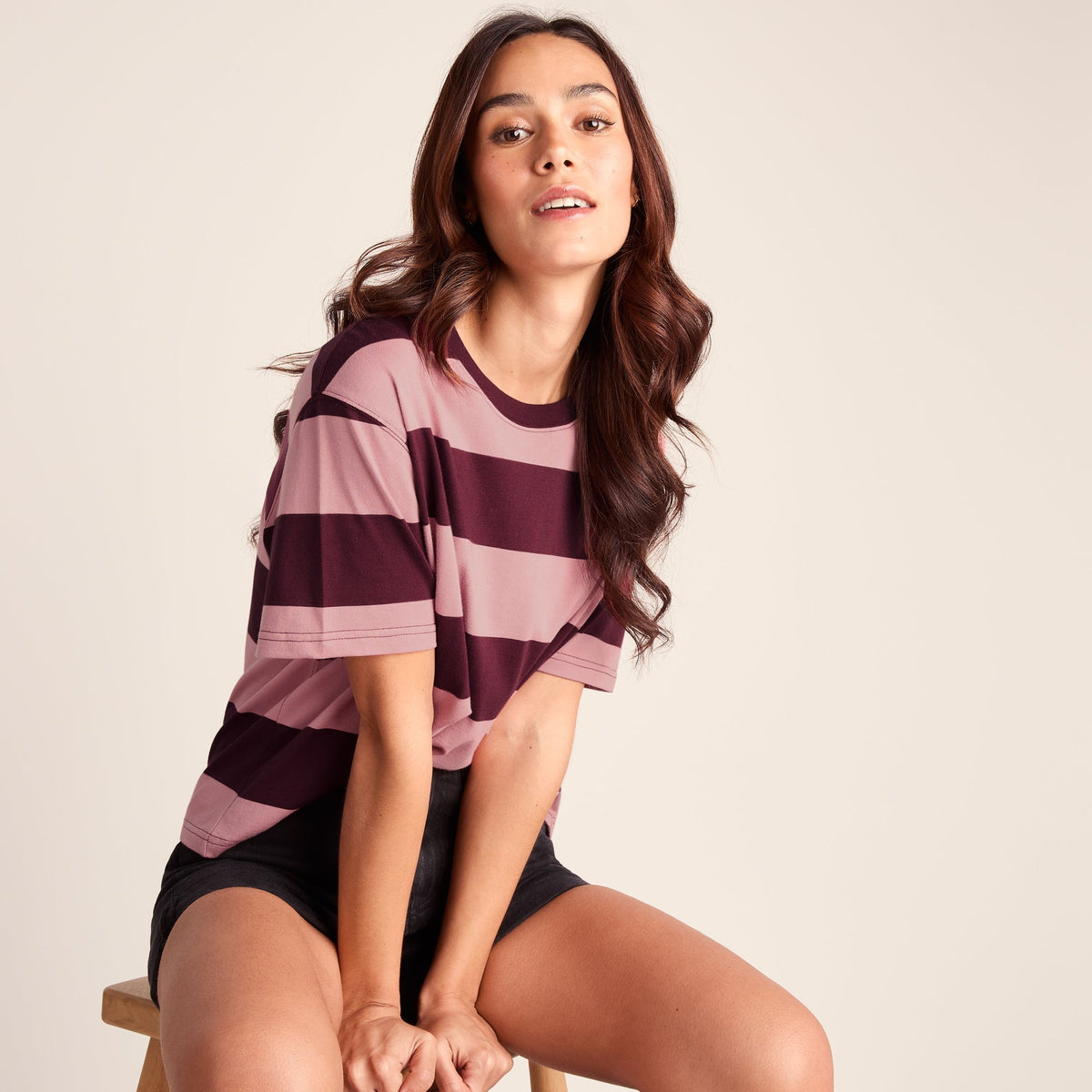 Lani Womens 100% Cotton Supersoft Boxy Fit T-Shirt - Black Raspberry Stripe
