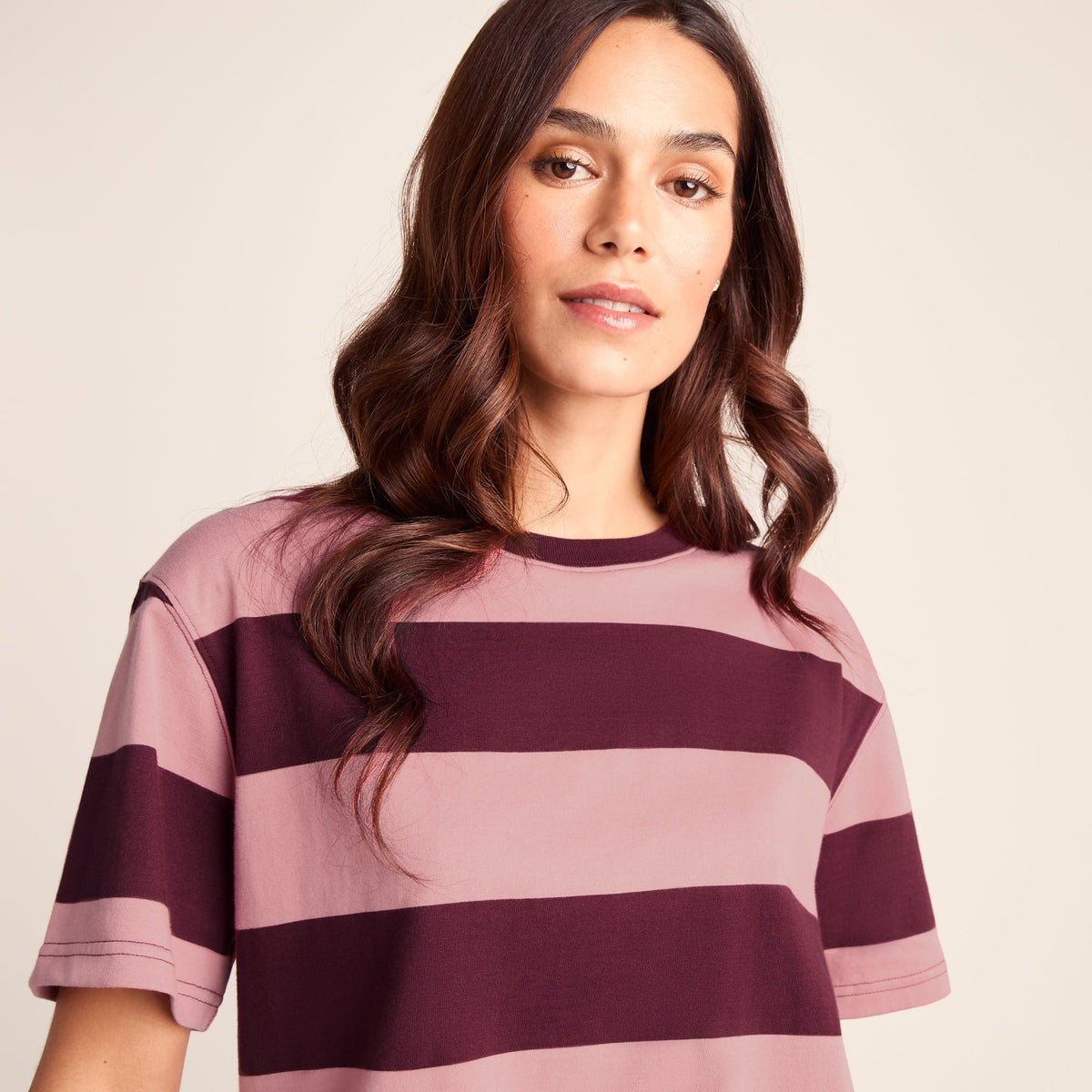 Lani Womens 100% Cotton Supersoft Boxy Fit T-Shirt - Black Raspberry Stripe