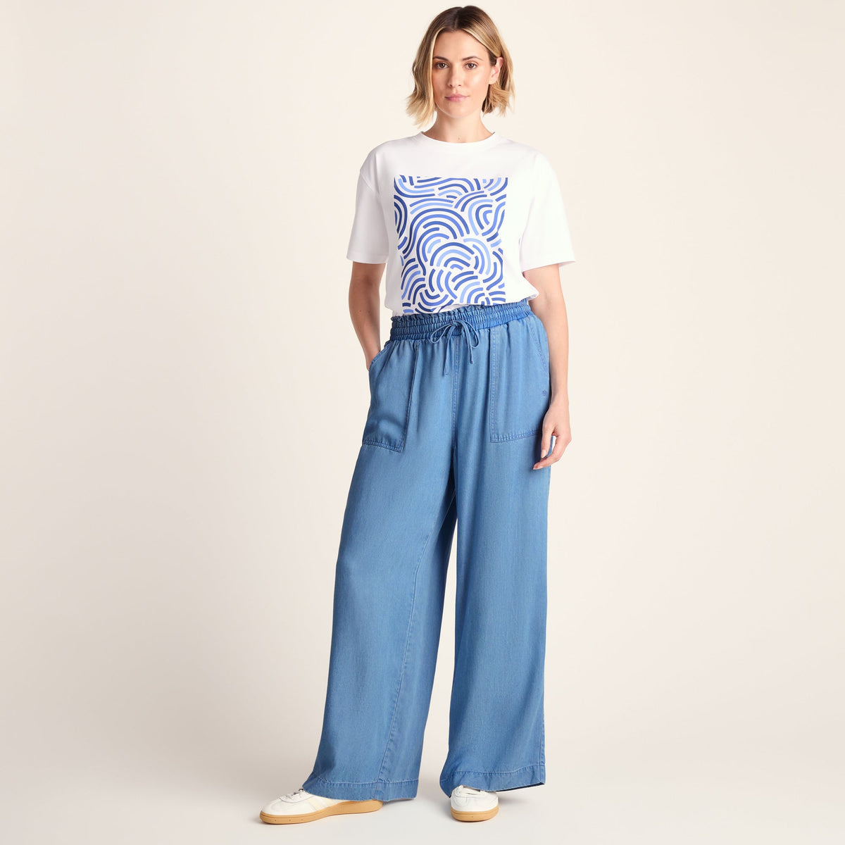 Lucy Womens Wide Leg Denim Look Trousers - Faded Indigo