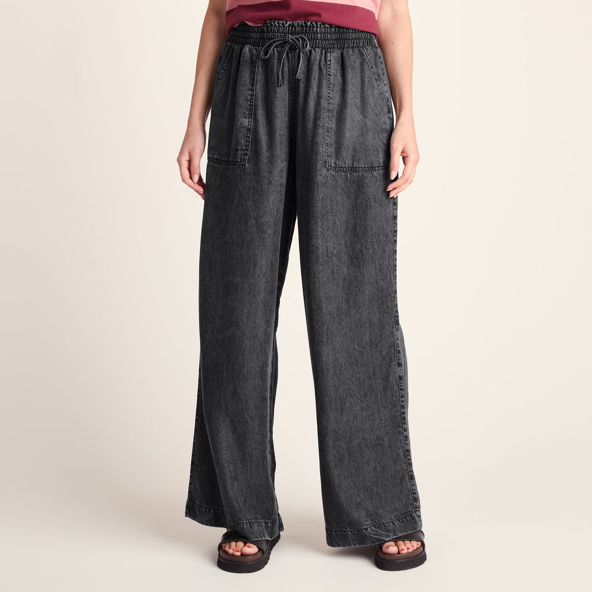 Lucy Womens Wide Leg Denim Look Trousers - Washed Black